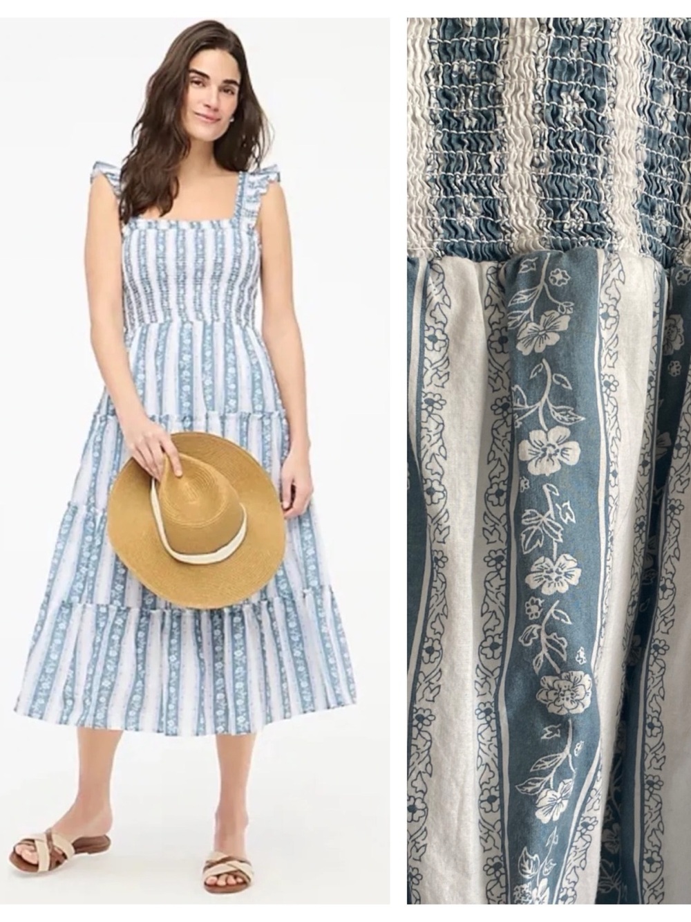 J. Crew Smocked Midi Nap Dress Blue White Floral Large